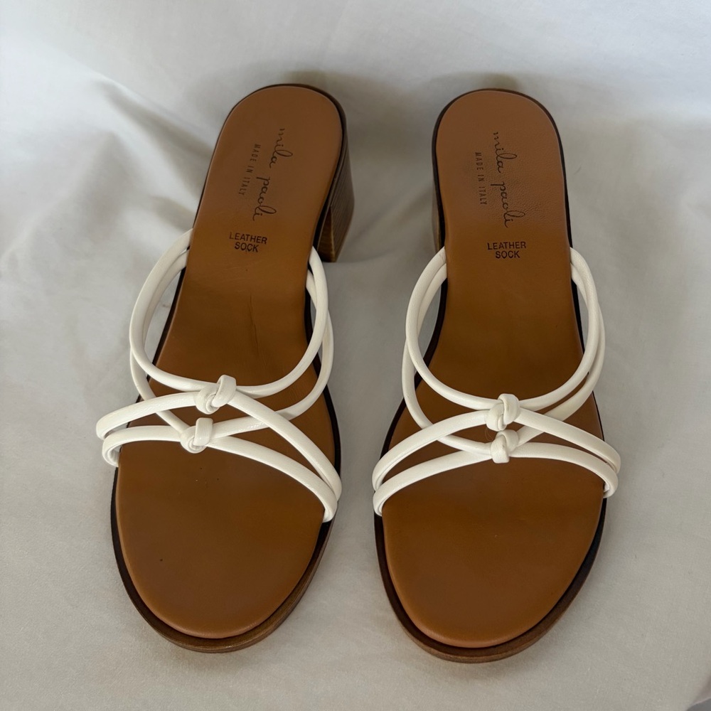 Mila Paoli White Sandals Heels Genuine Italian Leather 8.5 40 Block Heel - Picture 3 of 9